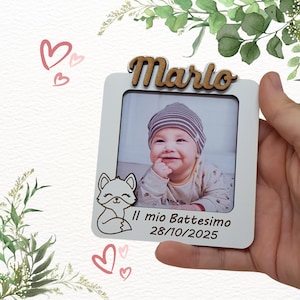 Original Baptism Gift, Magnet Photo Frame with children&#39;s drawing. Personalized Guests Detail, Embossed Name. Wooden frame.Baby Shower