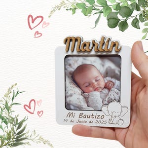 Original Baptism Gift, Magnet Photo Frame with children&#39;s drawing. Personalized Guests Detail, Embossed Name. Wooden frame.Baby Shower