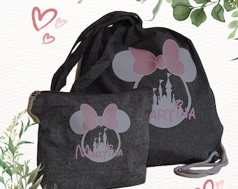 Mochila personalizada da Minnie Mouse com nome, nécessaire combinando, bolsa de algodão reciclado, pacote de presente original para crianças