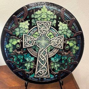 Celtic Cross Stained Glass Style Round Cutting Board