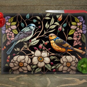 Faux Stained Glass Birds Cutting Board, Tempered Kitchen Decor image 2