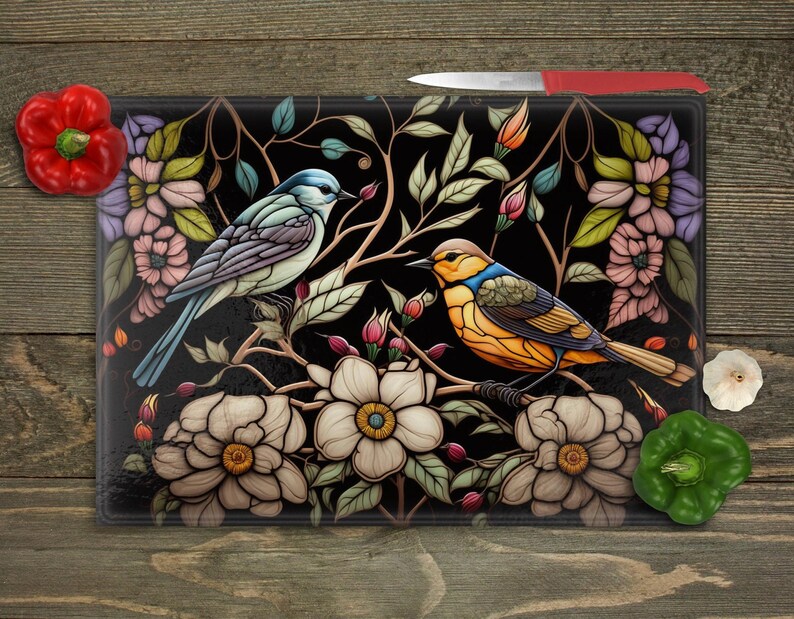 Faux Stained Glass Birds Cutting Board, Tempered Kitchen Decor image 2