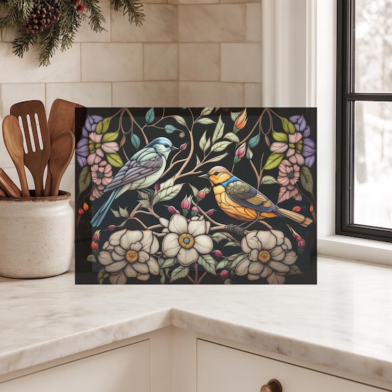 Faux Stained Glass Birds Cutting Board, Tempered Kitchen Decor