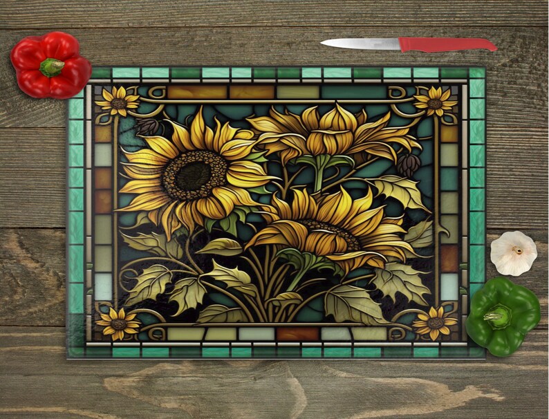 May include: A stained glass style cutting board with a design of sunflowers in shades of yellow, brown, and green. The board has a teal border.