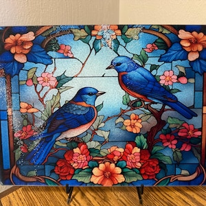 Blue Birds Decorative Cutting Board, Heat Resistant Glass Design