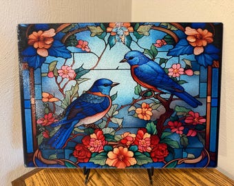 Blue Birds Decorative Cutting Board, Heat Resistant Glass Design