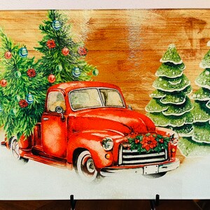 Red Classic Truck and Christmas Trees Glass Cutting Board