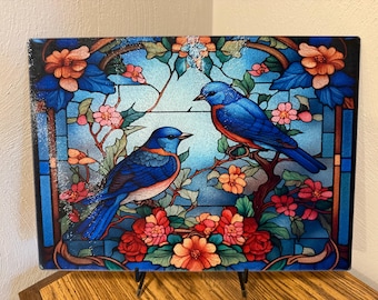 Blue Birds Stained Glass Style Cutting Board