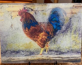 Rooster Cutting Board, Colorful Glass Design with Heat Resistance