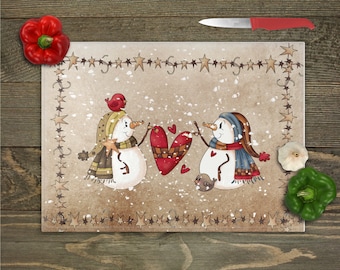 Snowmen Prim Star Glass Cutting Board