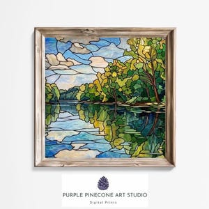 Stampa artistica da parete in stile mosaico di vetrata con riflessi su un lago soleggiato: illustrazione paesaggistica (download digitale)