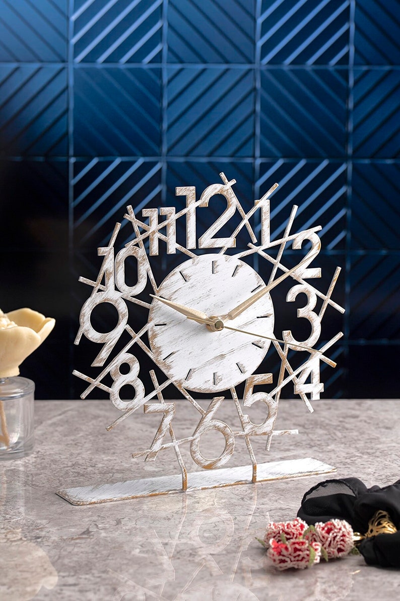 Desk Clock Table Top Clock White Old Metal Table Top Time Etsy