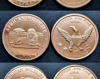 Peut inclure: Ensemble de pièces de monnaie en cuivre représentant la faune africaine et des symboles américains. Les pièces montrent un éléphant, un lion et un rhinocéros, avec le texte "African Wildlife" et le nom de l'animal. Le revers montre un aigle avec le texte "Copper .999 Fine USA".