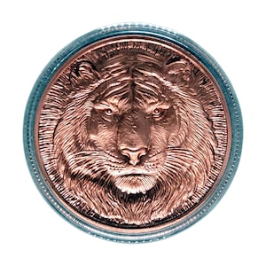 May include: A detailed, copper-colored coin featuring a sculpted tiger's face. The tiger's features are intricately carved, with visible fur and a focused gaze. The coin has a blue-green border and is set against a white background.