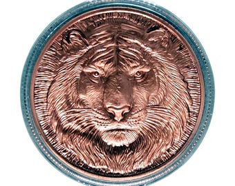 Peut inclure: Une pièce de monnaie cuivrée détaillée représentant un visage de tigre sculpté. Les traits du tigre, y compris la fourrure, sont finement sculptés. La pièce a une bordure bleu-vert et est sur fond blanc.