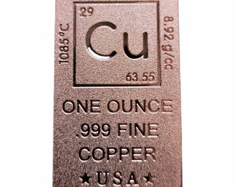 Elemental Copper Bar - 1oz. Pure Copper Bullion Bar!!