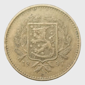 May include: A vintage coin with a detailed design. The coin features a coat of arms with a lion, surrounded by foliage. The year 1937 is visible. The coin has a circular shape and a metallic appearance.