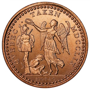 May include: A copper coin with a depiction of an angel holding a wreath and a figure bound to a tree. The text "TAKEN MDCCLIX" and "QUEBEC SOC.P.A.C" are inscribed on the coin.