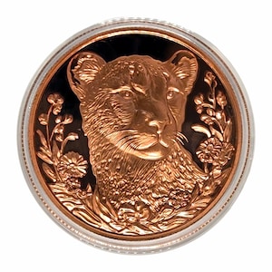 May include: A copper-colored coin featuring a detailed relief of a lion cub's face, surrounded by floral designs. The coin is encased in a clear, protective casing. The background is black, enhancing the coin's design.