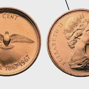 May include: Two copper-colored Canadian coins. One coin features a dove with outstretched wings, the text "1 CENT", and "CANADA 1867-1967". The other coin shows a profile of Queen Elizabeth II with the text "ELIZABETH II D.G. REGINA".