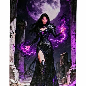 May include: A fantasy art print shows a woman in a black gown with a high slit, surrounded by purple energy. A large purple moon is in the background. The woman has long black hair and is wearing shoulder armour.