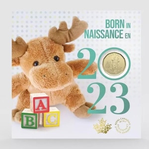May include: A greeting card with a plush moose toy, ABC blocks, and a gold coin. The card reads "Born in 2023" in English and French. The coin is in a circle with the number 2023 in teal.