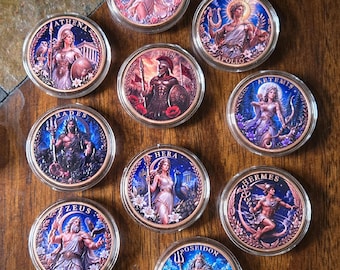 Set di 10 monete da 1 oncia in rame puro, con soggetto mitologia greca, 3D ad alto rilievo e colori vivaci!