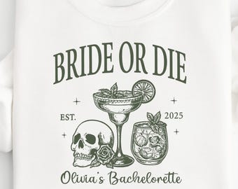 Sweat-shirt personnalisé Halloween EVJF, Bride or Die, Til Death Do Us Party, Cadeaux effrayants pour demoiselles d'honneur, Correspondance d'équipe de mariée squelette