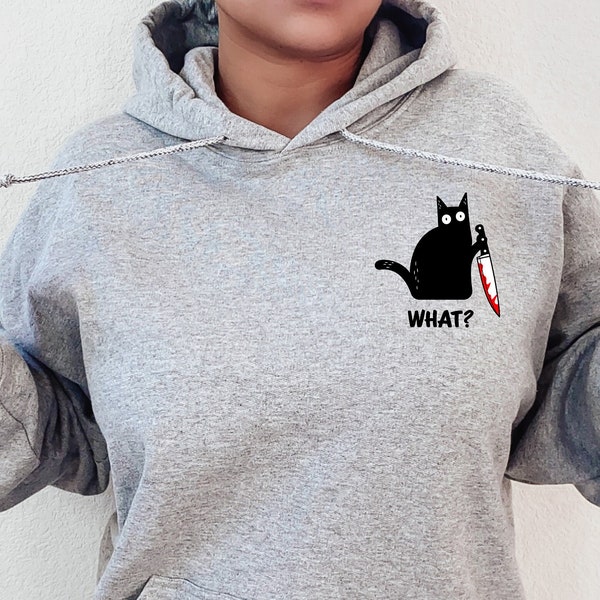 What Murderous Black cat, Black cat Hoodie, Cat with knife, Murder cat, Halloween cat, Halloween hoodie, black cat pocket, Horror cat