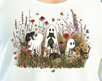 Ghost Cat Wildflower Tank Top, Halloween Cat Shirt, Floral Ghost Tank, Cute Spooky Cat Top, Wildflower Fall Outfit, Cat Lover Gift