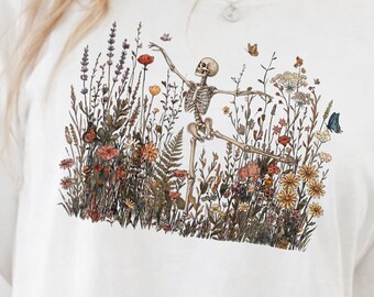 Dancing Skeleton Wildflower Sweatshirt, Floral Skeleton Shirt, Halloween Wildflower Crewneck, Spooky Season Sweatshirt, Boho Fall Gift