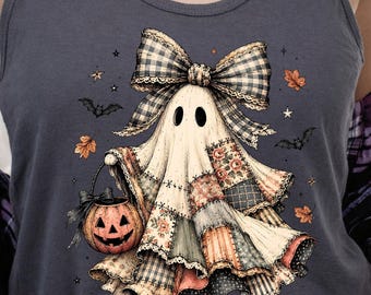 Patchwork Ghost Halloween Tank Top, Cute Ghost Shirt, Spooky Season Tank, Halloween Graphic Top, Fall Outfit, Ghost Lover Gift