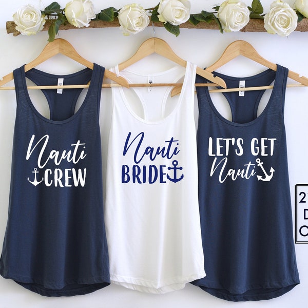 Nauti Bride tank top, lets get nauti tank tops, nautical bachelorette party racerback, matching cruise tank, Nautical Bride, Nautical Crew