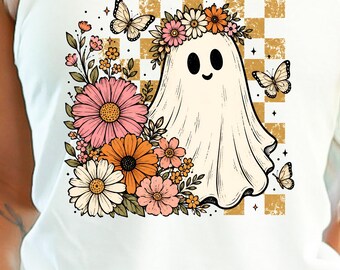 Flower Ghost Halloween Tank Top, Checkered Ghost Shirt, Cute Floral Halloween Tank, Spooky Season Top, Fall Outfit, Ghost Lover Gift