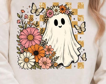 Flower Ghost Halloween Sweatshirt, Checkered Ghost Shirt, Cute Floral Halloween Crewneck, Spooky Season Sweatshirt, Fall Ghost Gift
