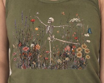 Dancing Skeleton Wildflower Tank Top, Floral Skeleton Shirt, Halloween Wildflower Tank, Spooky Season Top, Boho Fall Outfit, Skeleton Gift