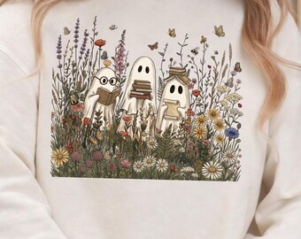 Book Lover Ghost Halloween Sweatshirt, Ghost Reader Shirt, Halloween Bookworm Crewneck, Spooky Season Sweatshirt, Cozy Fall Book Gift