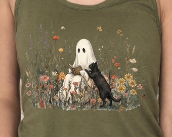 Boho Ghost Halloween Book Cats Tank Top, Witchy Cat Shirt, Cute Spooky Tank, Halloween Book Lover Gift, Fall Cat Outfit
