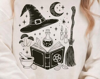 Vintage Witch Halloween Book Sweatshirt, Retro Witch Shirt, Spooky Book Lover Crewneck, Witchy Halloween Sweatshirt, Cozy Fall Gift