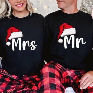 Custom Christmas Mrs and Mr Couples Sweatshirt & Pajamas, Matching Couple Christmas Sweatshirt, Mr and Mrs Matching Christmas Sweathirt