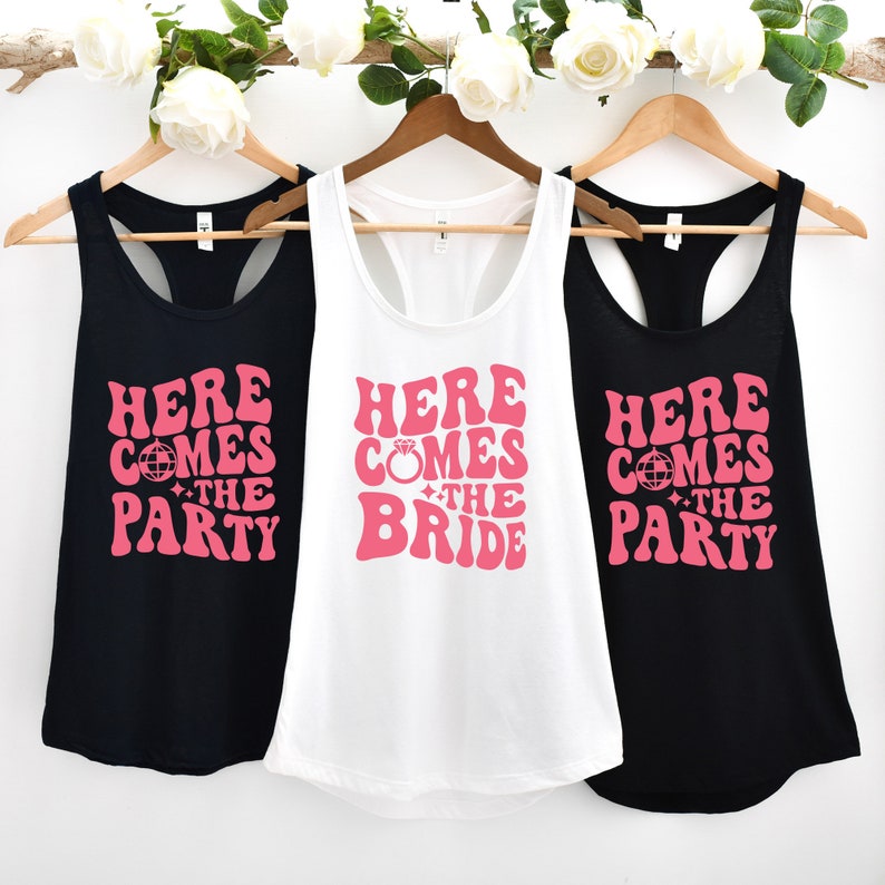 Retro Disco Bachelorette Party, Disco Bride, Bridesmaid Group Tank Top, Here Comes The Party, Wedding Group Racerback Tank top, Bride Party image 3