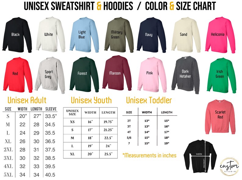 a chart of unisex sweatshirts and hoodies for men and women