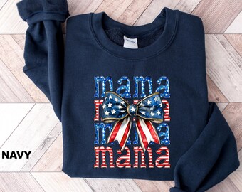 Patriotic Mama Sweatshirt, 4th of July Mom Shirt, USA Independence Day Crewneck, 1776-2026 American Flag Bow Sweatshirt