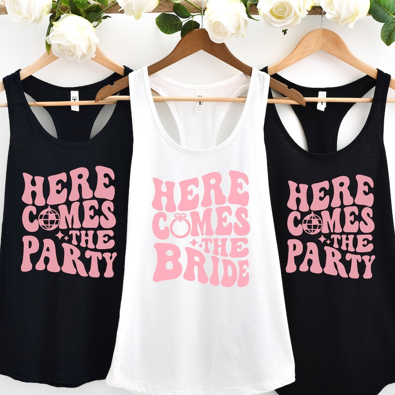 Retro Disco Bachelorette Party, Disco Bride, Bridesmaid Group Tank Top, Here Comes The Party, Wedding Group Racerback Tank top, Bride Party image 4