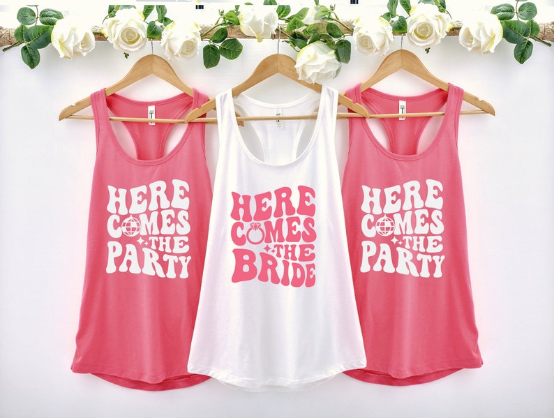 Retro Disco Bachelorette Party, Disco Bride, Bridesmaid Group Tank Top, Here Comes The Party, Wedding Group Racerback Tank top, Bride Party image 2