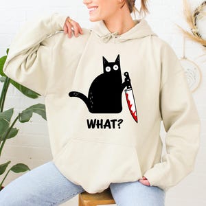 Halloween sweatshirt, Black cat shirt, Black cat Hoodie, Cat with knife shirt, Funny Halloween shirt, Murder cat, Women's Halloween shirt image 5