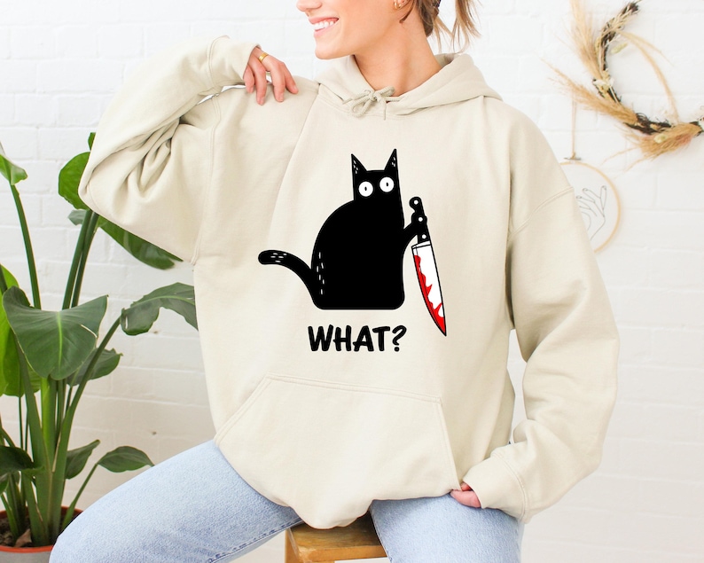Halloween sweatshirt, Black cat shirt, Black cat Hoodie, Cat with knife shirt, Funny Halloween shirt, Murder cat, Women's Halloween shirt image 5