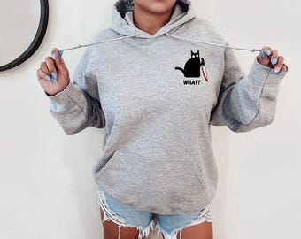 What Murderous Black cat, Black cat Hoodie, Cat with knife, Murder cat, Halloween cat, Halloween hoodie, black cat pocket, Horror cat