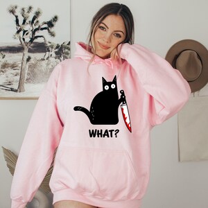 Halloween sweatshirt, Black cat shirt, Black cat Hoodie, Cat with knife shirt, Funny Halloween shirt, Murder cat, Women's Halloween shirt image 6