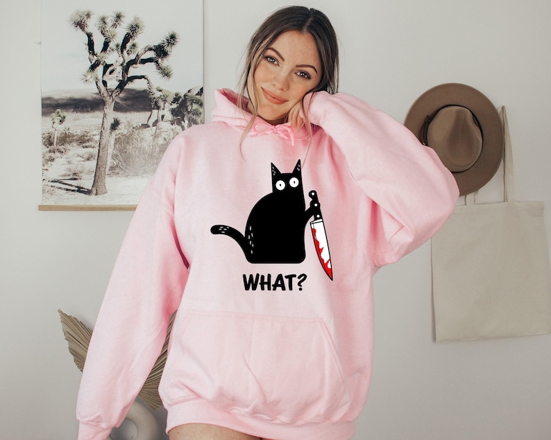 Halloween sweatshirt, Black cat shirt, Black cat Hoodie, Cat with knife shirt, Funny Halloween shirt, Murder cat, Women's Halloween shirt image 6